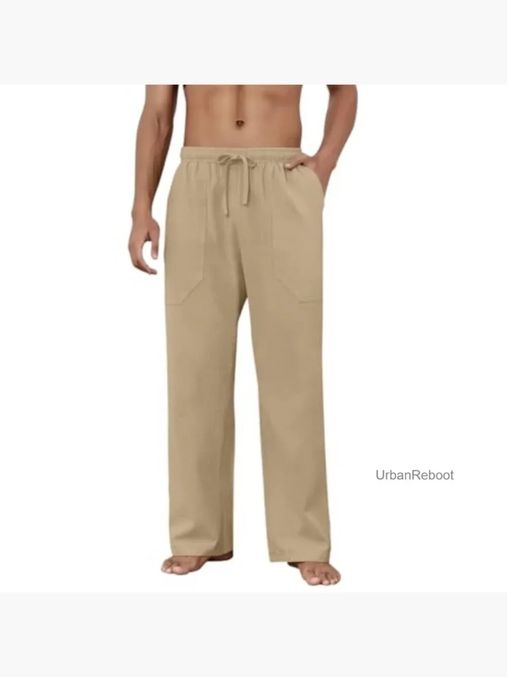 Men's Cotton Linen Casual Loose Fit Drawstring Waist Pants Summer Beach